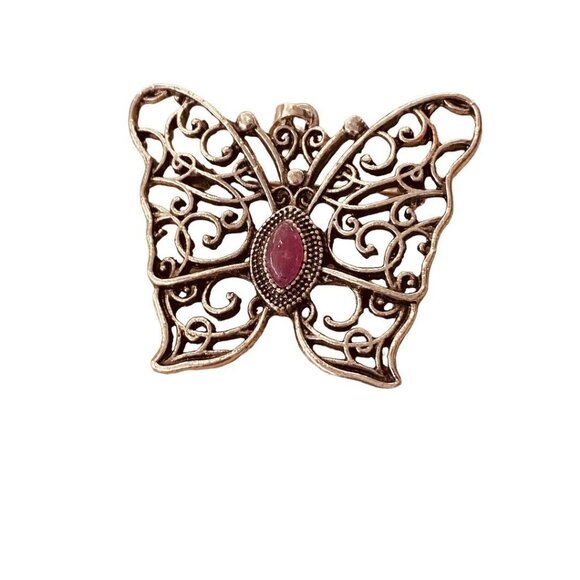 Silvertone Butterfly Pendant Brooch Purple Jewel 1.5" Filigree Style - Picture 12 of 14